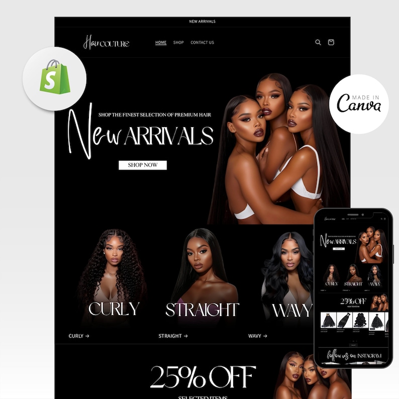 May include: Website homepage for a hair extensions company called "Harcouture". The website features a black background with white text and images of women with different hair textures. The text "New Arrivals" is displayed in large, white letters. The website also features a call to action to "Shop Now".