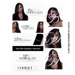 May include: A promotional graphic with a black and white theme, featuring images of women with long, dark hair. Text includes "bundles," "wigs," and "all hair." Additional text promotes Instagram and answers hair questions.