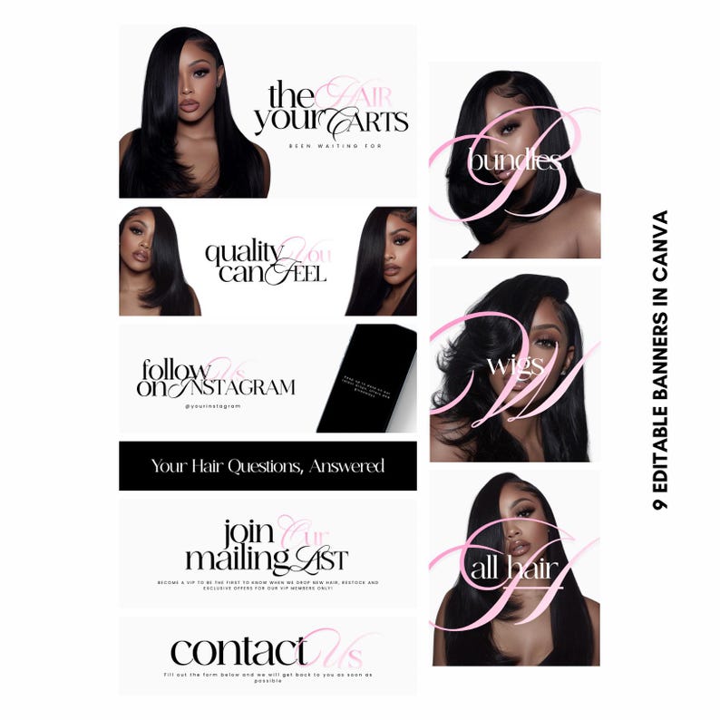 May include: A promotional graphic with a black and white theme, featuring images of women with long, dark hair. Text includes "bundles," "wigs," and "all hair." Additional text promotes Instagram and answers hair questions.