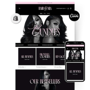 Könnte beinhalten: Ein Website-Mockup für "Hair by Mia" mit einem schwarz-rosa Design. Die Website präsentiert Bundles, Frontals, Closures und HD-Spitzenperücken. Ein Smartphone zeigt eine mobile Version der Website. Der Text enthält "Bundles" und "Our Bestsellers".