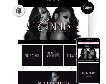 Puede incluir: Una maqueta de sitio web para "Hair by Mia" con un diseño en negro y rosa. El sitio muestra paquetes, frontales, cierres y pelucas de encaje HD. Un teléfono inteligente muestra una versión móvil del sitio. El texto incluye "Bundles" y "Our Bestsellers".