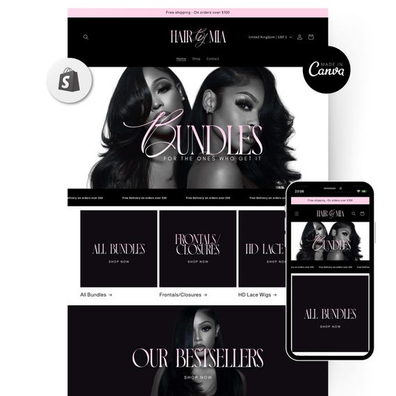 Shopify Hair Website Design, Editable Canva Website Hair Banners, Shopify Theme Hair Banners, Premade Shopify Website, Hair Website Template