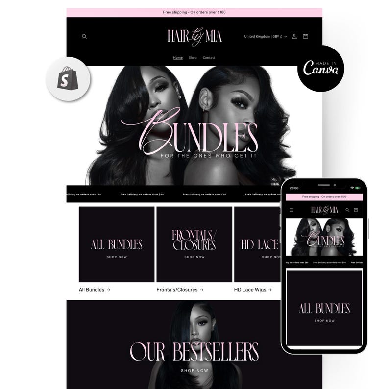 May include: A website mockup for "Hair by Mia" featuring a black and pink color scheme. The site showcases bundles, frontals, closures, and HD lace wigs. A smartphone displays a mobile version of the site. The text includes "Bundles" and "Our Bestsellers".