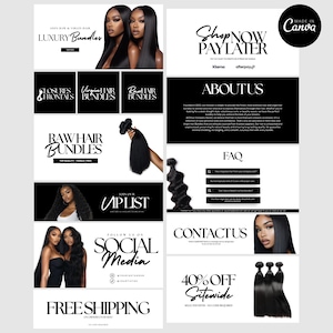 May include: A black and white website design for a hair extensions company. The website features images of women with long, black hair, and text that says "Shop Now Pay Later", "About Us", "FAQ", "Contact Us", "40% Off Sitewide", "Free Shipping", and "Follow Us On Social Media".