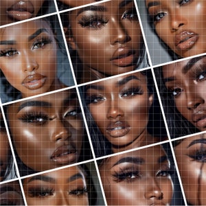 May include: A collage of close-up images of different women's faces with dramatic eye makeup, featuring long, dark eyelashes and defined eyebrows.