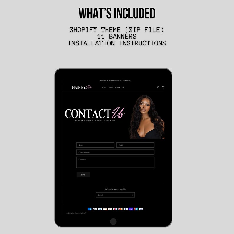 May include: A black and white website screen showing a contact form with the text "Contact Us" and a woman with long black hair. The website is for a hair extension company called "Hair By A".