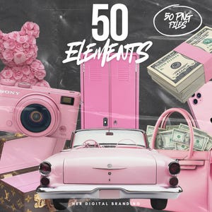 May include: A collection of 50 pink digital elements, including a pink car, a pink locker, a pink camera, a pink rose, and stacks of cash. The text "50 Elements" and "50 PNG Files" is visible in the image.
