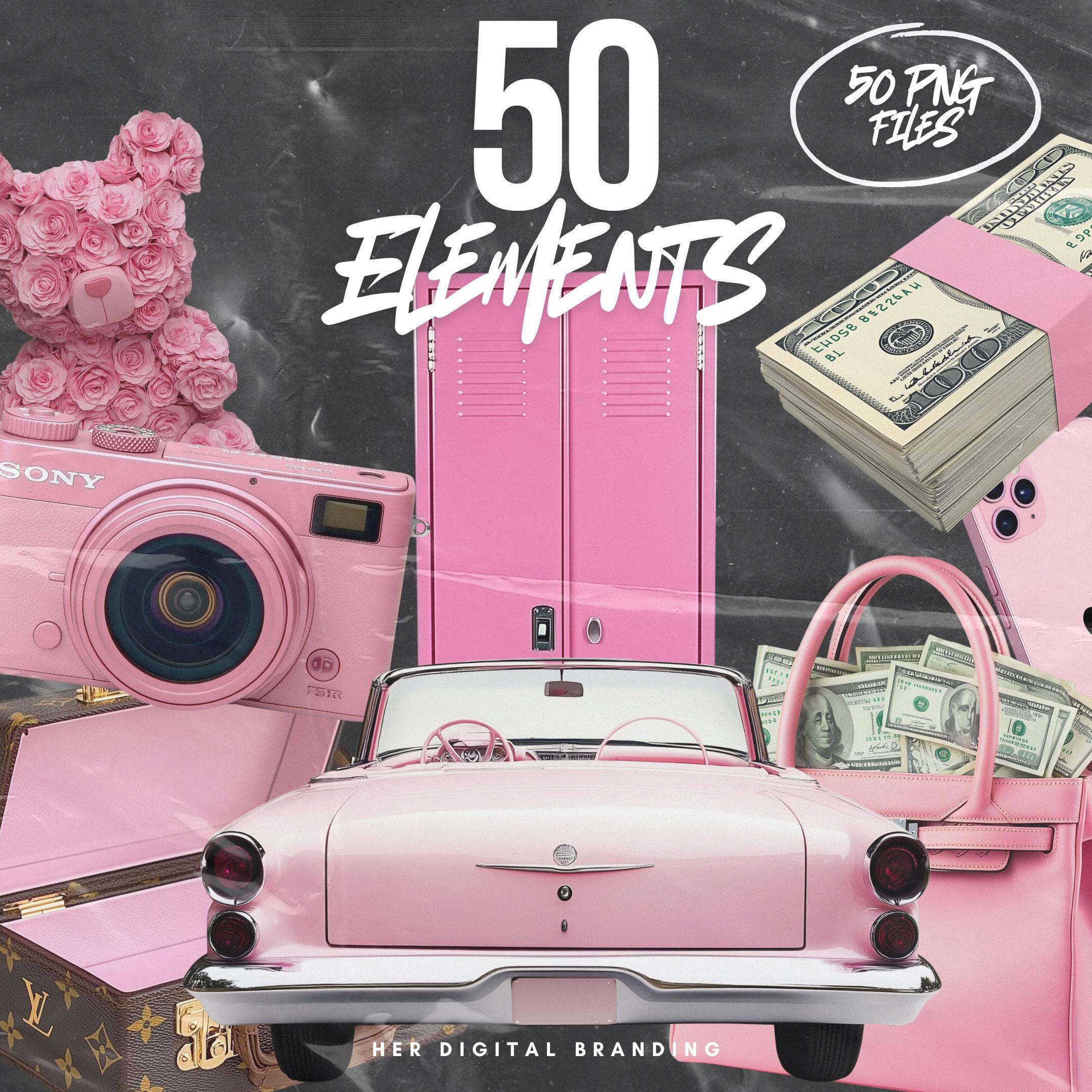 50 Elements, Graphic pack, Digital, Clip Art, Stock Images, Editable, AI Generated, Pink
