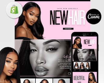 Hair Website Template, Luxury Hair Website Design, Website Banners Canva Template, Shopify Hair Theme, Web Banners, Premade Shopify Website