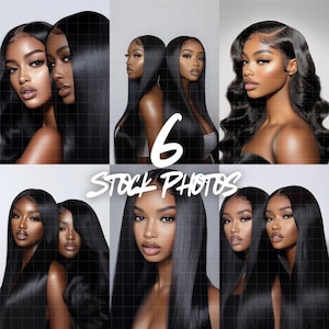 May include: Six stock photos of women with long black hair. The women are wearing different outfits and have different hairstyles. The photos are all taken against a white background.