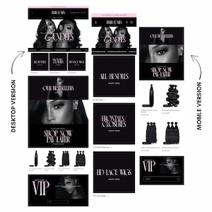May include: A website layout for Hair & Mia, featuring a black and white color scheme. The site showcases bundles, frontals, closures, and HD lace wigs. The text includes "All Bundles," "Shop Now," and "Shop Now Pay Later."