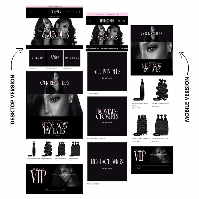 May include: A website layout for Hair & Mia, featuring a black and white color scheme. The site showcases bundles, frontals, closures, and HD lace wigs. The text includes "All Bundles," "Shop Now," and "Shop Now Pay Later."