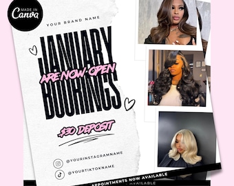 January Booking Flyer, Hair Appointment Flyer, New Year, Hair Appointments, Instagram Booking Flyer, Nail Flyer, Lash Flyer, Edit In Canva