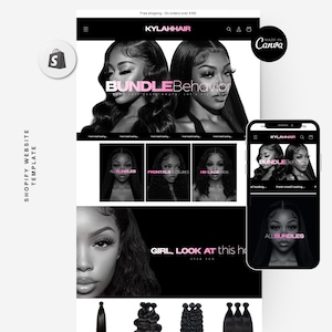 Könnte beinhalten: Eine Shopify-Website-Vorlage für KYLAHHAIR mit einer schwarz-weißen Ästhetik und rosa Textakzenten. Das Layout zeigt Produktkategorien wie BUNDLEBEHAVIOR, ALL BUNDLES, FRONTALS und HD LACE WIGS sowie eine Vorschau der mobilen Ansicht.