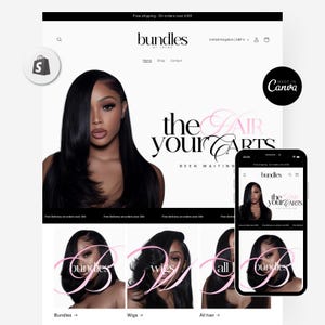 Peut inclure: Maquette de site web pour "bundles by Jayda" avec une femme aux longs cheveux noirs. Le site comprend le texte "the hair your carts been waiting" et des catégories de produits : bundles, perruques et tous les cheveux. Un smartphone affiche le site web.