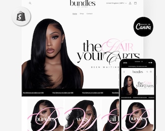 Puede incluir: Maqueta de sitio web para "bundles by Jayda" con una mujer de pelo largo y negro. El sitio incluye el texto "the hair your carts been waiting" y categorías de productos: paquetes, pelucas y todo el cabello. Un smartphone muestra el sitio web.