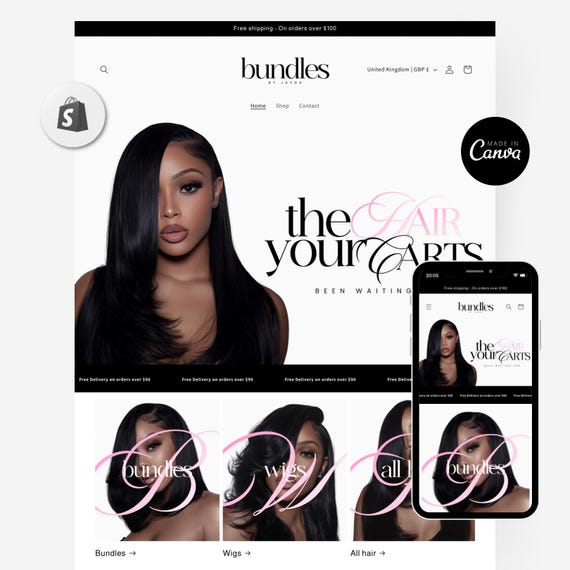 Shopify Hair Website Design, Editable Canva Website Hair Banners, Shopify Theme Hair Banners, Premade Shopify Website, Hair Website Template