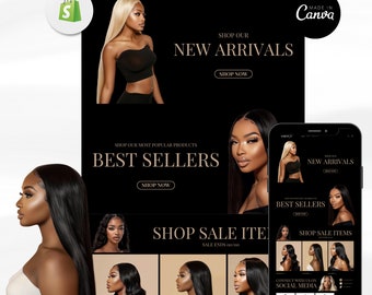 Luxury Hair Website Design, Hair Website Template, Hair Branding Template, Shopify Hair Theme, Premade Shopify Website, Web Banners, Canva