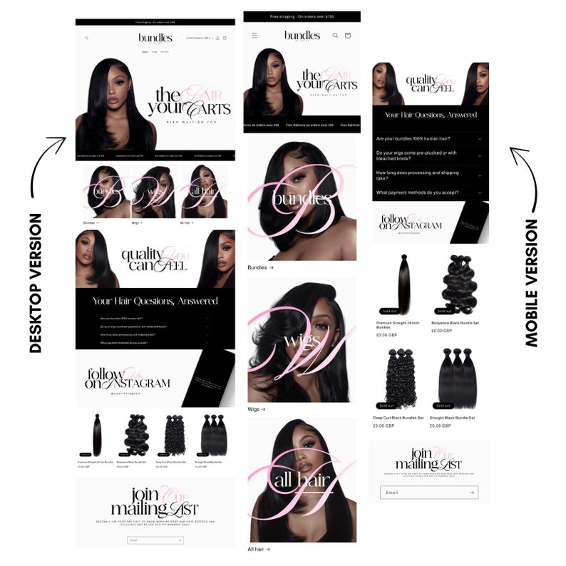 May include: Website layout showcasing hair bundles and wigs. The site features images of long, black hair, with text overlays such as "bundles," "wigs," and "all hair." The design is clean, with a black and white color scheme and a focus on product presentation.