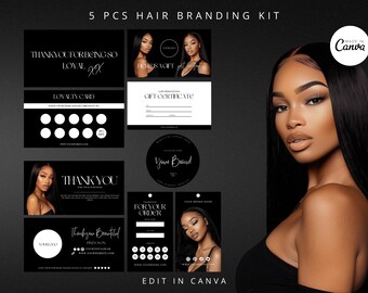 Hair Branding Kit, Tags Thank You Card Kit, Canva Templates, Printable Hair Extensions Bundle Kit, Wig Business
