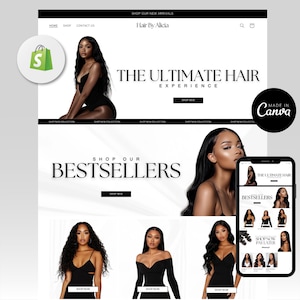 Shopify Luxury Hair Website Template, Hair Stock Images, Premade Hair Website, Instant Download, Editable Canva, Shopify Website Theme