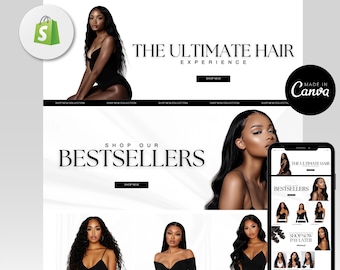 Shopify Luxury Hair Website Template, Hair Stock Images, Premade Hair Website, Instant Download, Editable Canva, Shopify Website Theme