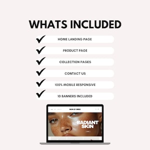 May include: A checklist of features included in a website design package for an online store. The features include a home landing page, product page, collection pages, contact us page, 100% mobile responsiveness, and 10 banners. A laptop screen shows a mockup of the website with the text "SKIN BY BREE" and "RADIANT SKIN".