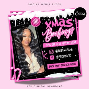 May include: Pink and black social media flyer with a winter theme. The flyer advertises Christmas bookings for a business with a 30% discount on the next appointment. The flyer includes a photo of a woman with long black hair, a snowflake, a candy cane, and a Christmas ornament. The flyer also includes the text "Xmas Bookings", "30% Off Next Appointment", "@INSTAGRAM", "@FACEBOOK", and "BOOK NOW! 000-000-0000".
