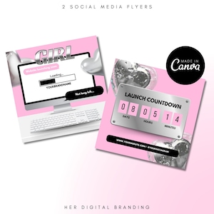 May include: Two pink social media flyers with a silver and white computer screen on the left flyer and a silver countdown timer on the right flyer. The left flyer has the text "GIRL" and "Website launching soon" and the right flyer has the text "LAUNCH COUNTDOWN" and "08 05 14" with the words "DAYS", "HOURS", and "MINUTES" below the numbers. Both flyers have the text "MADE IN Canva" in the top right corner.