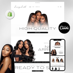 Luxury Hair Website Design, Hair Website Template, Hair Branding Template, Shopify Hair Theme, Premade Shopify Website, Web Banners, Canva