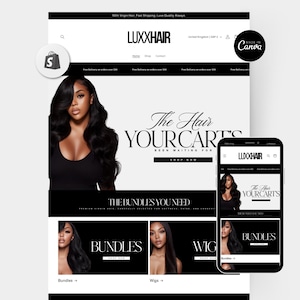 May include: A website mockup for Luxx Hair, showcasing a black and white design with a woman with long, dark hair. The site features the text "The Hair Your Cart's Been Waiting For" and product categories like "Bundles" and "Wigs."