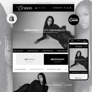 Könnte beinhalten: Eine schwarz-weiße Website-Vorlage für Haar-Bundles. Die Website zeigt den Text "UNMATCHED QUALITY HAIR BUNDLES" sowie "HD CURLY" und "HD STRAIGHT". Ein Smartphone zeigt die Website an. Das Canva-Logo ist sichtbar.
