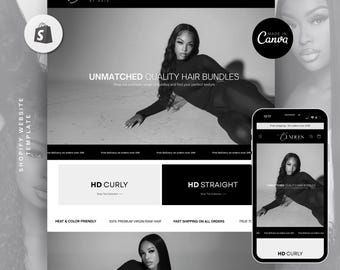 May include: A monochrome website template promoting hair bundles. The site includes the text "UNMATCHED QUALITY HAIR BUNDLES", "HD CURLY", and "HD STRAIGHT". A smartphone shows the website. The Canva logo is also visible.