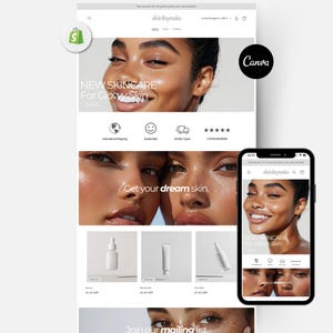 Könnte beinhalten: Website-Screenshot von skinbyasia, einer Hautpflegemarke, mit zwei Frauen mit strahlender Haut. Die Website wirbt für neue Hautpflegeprodukte für strahlende Haut. Die Website verfügt außerdem über ein Einkaufswagen-Symbol, eine Suchleiste und ein Menü mit Links zum Shop, Kontakt und mehr. Die Website bietet auch eine mobile Version der Website.
