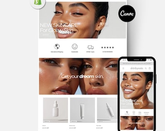 Op de afbeelding: Website-screenshot van skinbyasia, een huidverzorgingsmerk, met twee vrouwen met een stralende huid. De website adverteert nieuwe huidverzorgingsproducten voor een stralende huid. De website heeft ook een winkelwagenpictogram, een zoekbalk en een menu met links naar de winkel, contact en meer. De website heeft ook een mobiele versie van de website.
