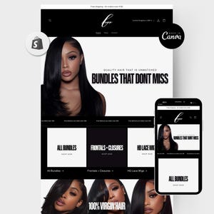Op de afbeelding: Een zwart-wit website ontwerp dat haar bundels promoot, met een vrouw met lang zwart haar als centraal beeld. De site bevat secties voor bundels, frontals en HD lace pruiken. Tekst bevat "BUNDLES THAT DONT MISS" en "100% VIRGIN HAIR".