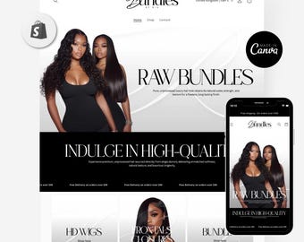 May include: A website mockup featuring a black and white design with the text "Bundles by Mia." The site showcases images of long, wavy hair and the words "Raw Bundles" and "Indulge in High-Quality." A mobile phone displays the website.