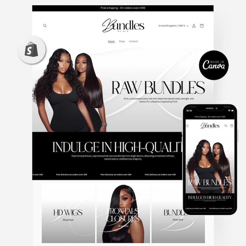 May include: A website mockup with a monochrome design, displaying the text "Bundles by Mia." The site features images of long, wavy hair and the words "Raw Bundles" and "Indulge in High-Quality." A mobile phone shows the website.