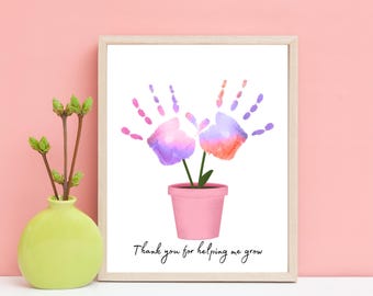 Thank You For Helping Me Grow Handprint Art Craft, Flower Pot Handprint Art, Daycare Teacher Handprint, Thank You Teacher Sign Handprint