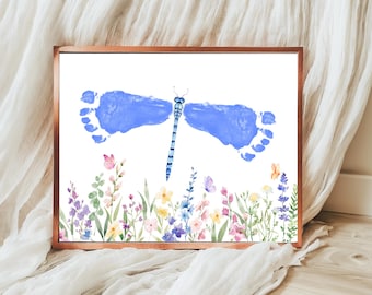 Dragonfly Footprint Art Craft DIY, Summer Pre K Handprint Art Activity Sheet, Mother&#39;s Day Toddler Craft, Infant Footprint Art Keepsake