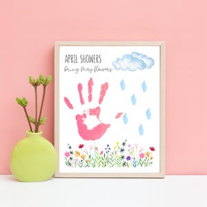 April Showers Bring May Flowers Handprint Craft, Pre K Fingerprint Art Activity Sheet, Floral Spring Toddler Craft, Grandma Keepsake Gift
