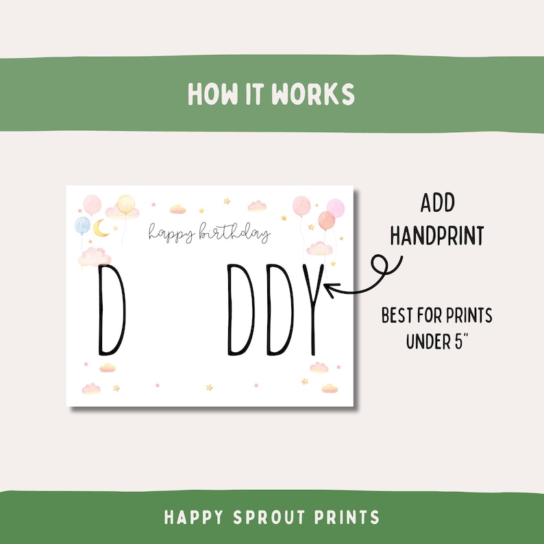 Pu&ograve; includere: Una carta bianca con le parole "Happy Birthday Daddy" in nero, con spazio per un'impronta della mano. La carta &egrave; decorata con palloncini, nuvole e stelle pastello. Il testo recita "Aggiungi impronta della mano" e "Ideale per stampe inferiori a 12,7 cm".