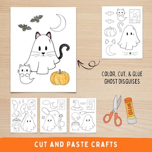 Puede incluir: Una colección de plantillas de manualidades de Halloween con fantasmas, gatos, murciélagos, calabazas y lunas. El texto dice "COLOR, CUT, & GLUE GHOST DISGUISES" y "CUT AND PASTE CRAFTS". También se muestran unas tijeras y una barra de pegamento.