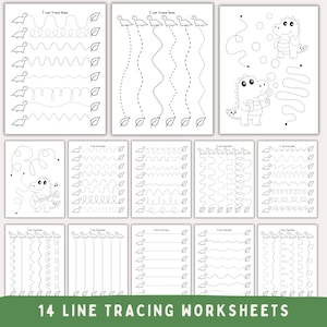 May include: Fourteen black and white line tracing worksheets for children. Each worksheet features dotted lines for tracing, with images of dinosaurs and leaves. The text "I can trace lines" is at the top of each page.