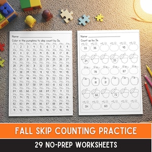 Fall Skip Counting Worksheets, Skip Counting by 2, 3, 5, and 10 Practice Sheets, Homeschool Math Activity