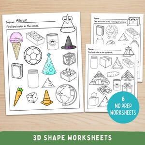 May include: Three worksheets with 3D shape activities. The first worksheet has a cone theme with an ice cream cone, party hat, and other objects. The other two worksheets focus on rectangular prisms and pyramids. The worksheets are labeled "No Prep Worksheets".