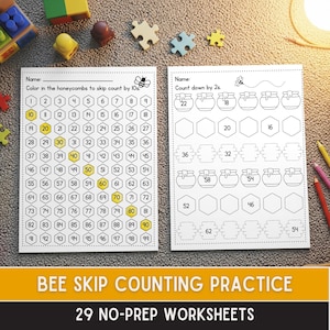 May include: Two worksheets for skip counting practice. One worksheet has numbered honeycombs to color by 10s. The other worksheet has honey pot images to count down by 2s. The worksheets are titled "BEE SKIP COUNTING PRACTICE" and "29 NO-PREP WORKSHEETS."