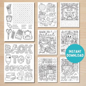 May include: A collection of black and white printable coloring pages with a back-to-school theme. Images include school supplies, a school bus, and the words "Back to School" and "Instant Download".