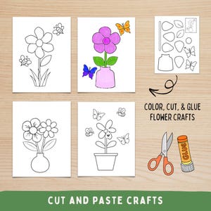 May include: Four flower-themed coloring pages with bees and butterflies, plus a sheet of cut-out shapes. The text reads "COLOR, CUT, & GLUE FLOWER CRAFTS" and "CUT AND PASTE CRAFTS". Scissors and a glue stick are also shown.