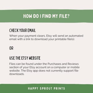 Pu&ograve; includere: Un foglio informativo per il download digitale con un banner verde nella parte superiore che recita "COME TROVO IL MIO FILE?". Il testo spiega come trovare i file tramite e-mail o il sito Web di Etsy. Il banner in basso dice "HAPPY SPROUT PRINTS".